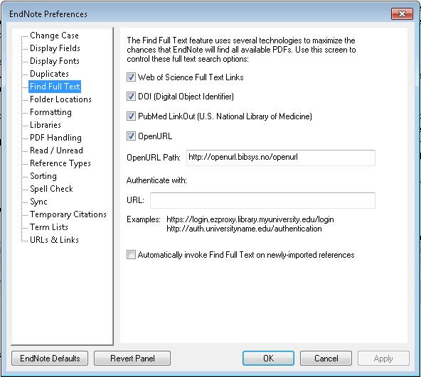 1.8.3 Find Full Text Her kan du gjøre innstillinger for søkefunksjon etter fulltekst til dine referanser på internett.