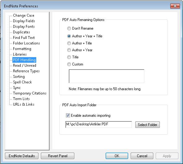 1.8.4 PDF Handling Her kan du gjøre innstillinger for PDF-filer. Du kan velge å gi PDF-filene et nytt navn ved import, og du kan sette opp automatisk import av PDF-filer fra en bestemt mappe.