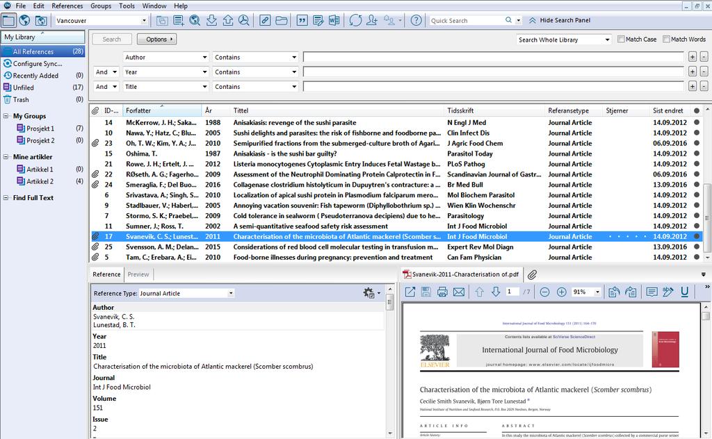 1.9 Forklaring av skjermbildet og noen viktige funksjoner Biblioteket har fem arbeidsområder: Gruppe-panel, søke-panel, visnings-paneler for valgt referanse og integrert PDF-leser.