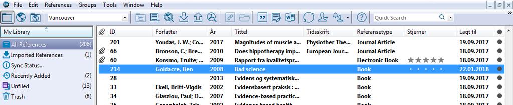 Referansene har nå lagt seg i databasen din: NB: Vær obs på at eksport av referanser fra Oria kan gi feil i referansene. Det anbefales å sjekke referansene etter import og rydde opp manuelt.