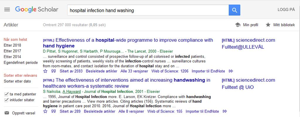 2.1.8 Google Scholar Direkte eksport fra Google Scholar til EndNote er mulig, men du får kun eksportert enkeltvise søkeresultater, ikke hele trefflister.
