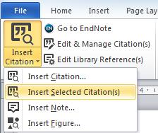Windows: Klikk på nedre del av Insert Citation-knappen og velg Insert Selected Citation(s).