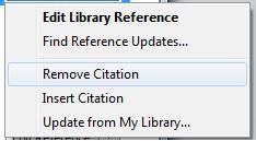 1. Sett markøren ved siteringen du vil ta bort, slik at den blir aktivert (grå). 2. Klikk på knappen Edit & Manage citation(s). 3. En dialogboks kommer opp: 4.