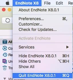 Et EndNote-bibliotek lagres alltid automatisk, så du trenger ikke tenke på lagring når du skal lukke programmet. Windows: Mac: Lukker programmet og eventuelt åpent bibliotek. Lukker bare biblioteket.