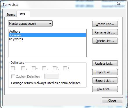 7 Importér tidsskriftliste fra ditt fagfelt EndNote har egne lister over termer (Term Lists) for standardiserte tidsskriftstitler, som kobler sammen standard- og forkortet tittel.