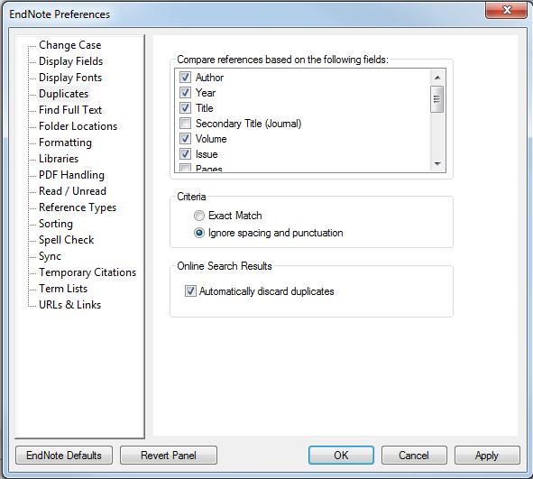 Slik går du fram: Hak av for Author, Year, Title, Volume og Issue Hak av for Automatically discard duplicates ved Online Search.