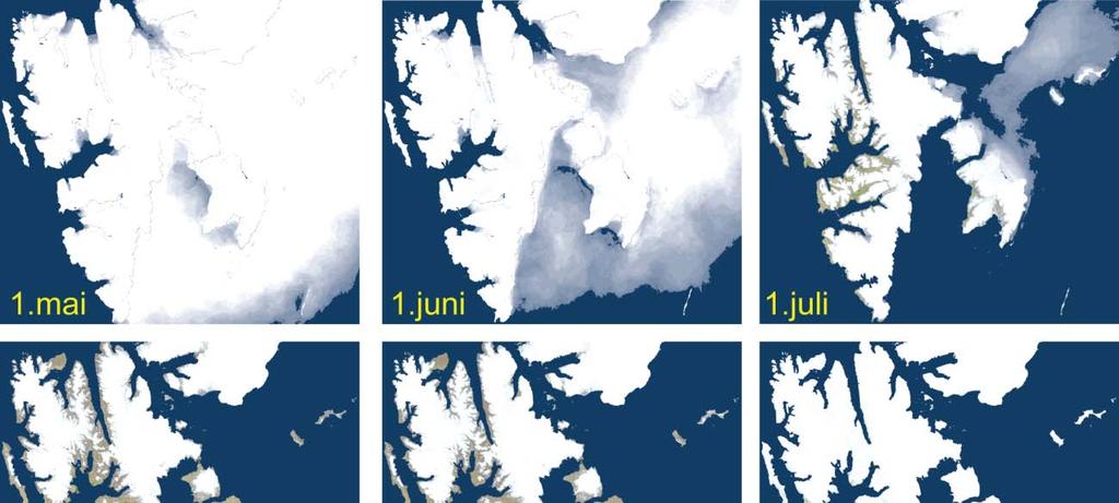 Figur 5. Utbredelse av havis i forhold til grad av snøsmelting og produksjon (NDVI) for 1. mai til 1. november, gjennomsnitt for årene 2000-2014.