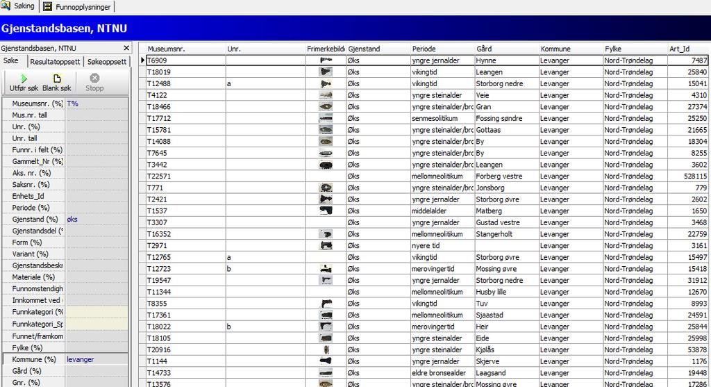 TIPS! Dersom du har med feltet «frimerkebilde» i søkeresultatet, vil søkene gå tregt, tilsvarende gjelder for sortering/gruppering og eksport. Det kan derfor være en fordel å ta dette bort ved søk.