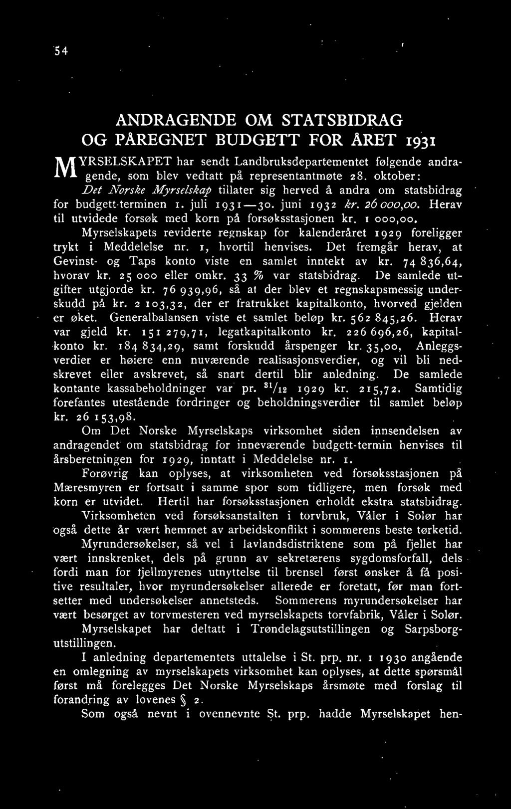 1 000,00. Myrselskapets reviderte regnskap for kalenderåret 19 2 9 foreligger trykt i Meddelelse nr. 1, hvortil henvises. Det fremgår herav, at Gevinst- og Taps konto viste en samlet inntekt av kr.