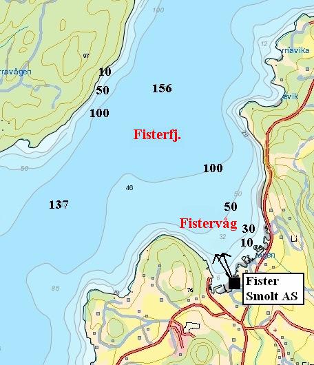 OMRÅDEBESKRIVELSE OG VERDIVURDERING Resipienten Fisterfjorden Fister Smolt AS har to utslipp til sjø i Fistervågen på rundt 20 m dyp ca 200 m fra land. (figur 11).