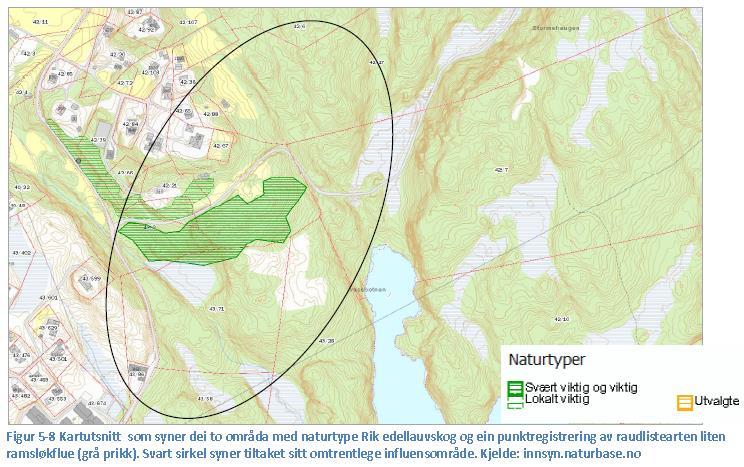 Nord i planområdet er det i dag eit innmarksbeite som ber preg av lite skjøtsel (Figur 5-9). Det vart m.a. observert sølvbunke og lyssiv/knappsiv under synfaringa, og desse er uønska i beitesamanheng og tyder m.