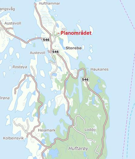 Utval for plan- og byggesaker godkjente oppstart av reguleringsplanarbeiden den 23.02.2016, sak 023/16. Dagens situasjon Planområdet ligg nord-vest på Huftarøy, i gangavstand frå Storebø.