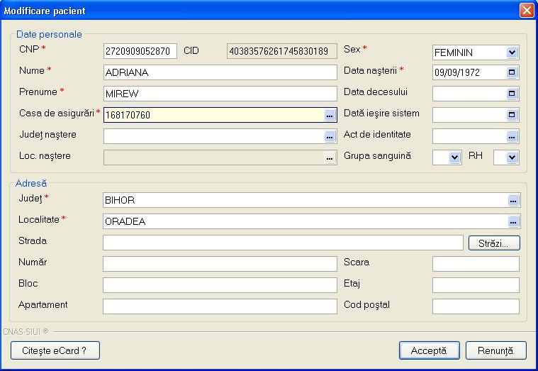 6.1.9. Modificare Precondiţii Există pacientul înregistrat în sistem. Fig. 6-19 Modificarea datelor unui pacient Când se efectuează operaţia Când se doreşte modificarea datelor aferente unei persoane.