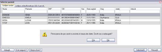 6-32 Selector pacienţi Dacă pacientul nu se regăseşte în baza de date, se poate redeschide fereastra de adăugare a acestuia (conform Adăugare manuală pacient fără conexiune securizată (offline)) prin