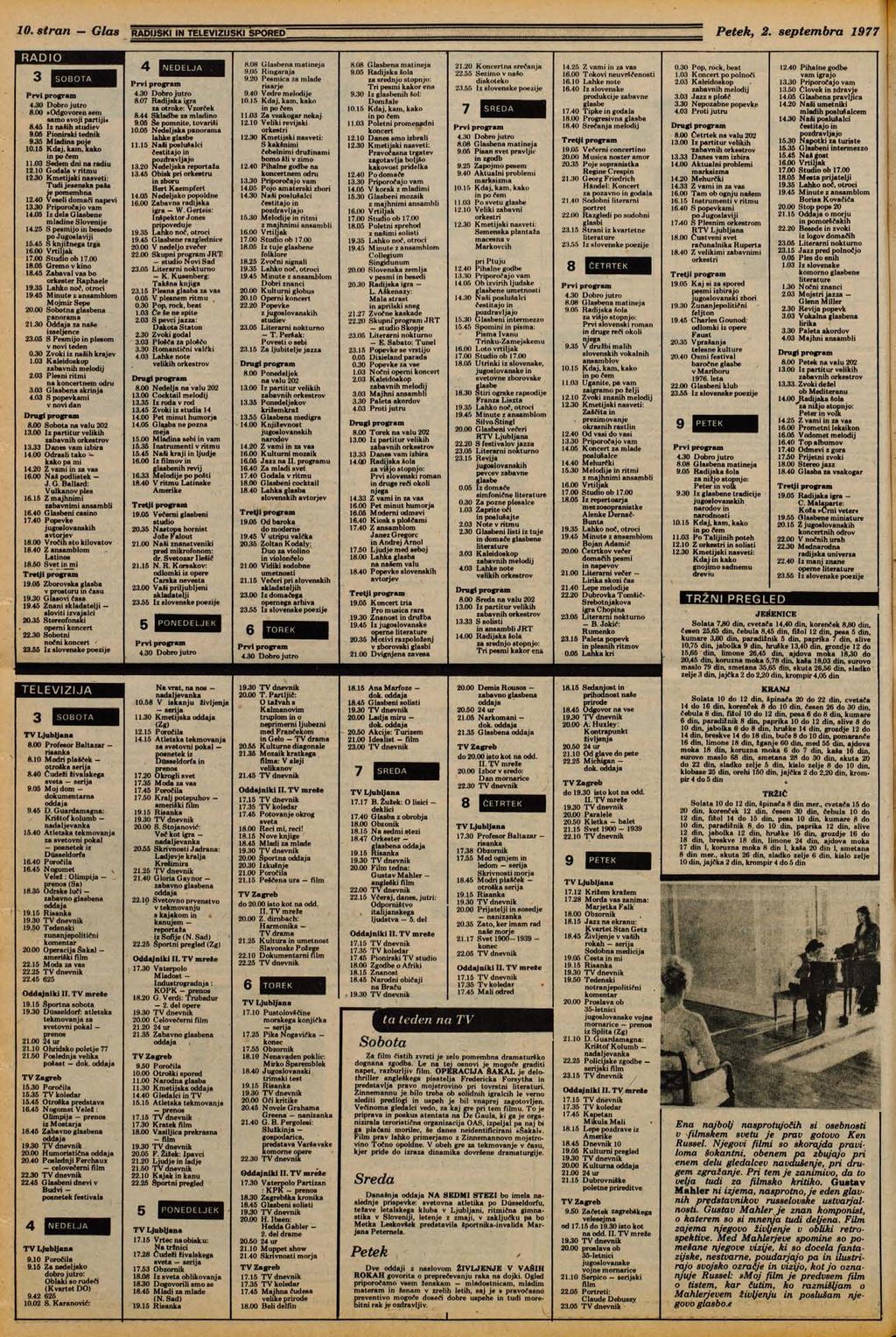 10. stran Glas RADIJSKI IN TELEVIZIJSKI SPORED Petek, 2. septembra 1977 RADIO SOBOTA Prvi program 4.30 Dobro jutro 8.00»Odgovoren sem samo svoji partiji«8.45 Iz naših studiev 9.05 Pionirski tednik 9.