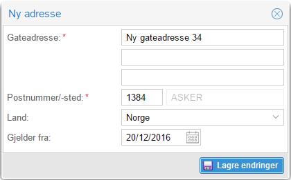 Oppdatering av adresseinformasjon Ønsker du å endre adressen din kan dette gjøres ved å endre direkte i vinduet og lagre. Adressen vil da oppdateres umiddelbart hos din forretningsfører.