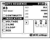 I dette bilde velges hvilke tester som skal kjøres under Autotest En vanelig test vil kanskje bestå av: Voltage (spenning) Insulation (isolasjonsresistansen) Z-Line (kortsluttningstrøm) RCD