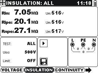 Eurotest AT / XA 7 Målinger Isolasjonsmotstand 1 Velg funksjon 2 Still inn parameter og grenser Velg Singel test i Hoved menyen. Trykk på / tastene for å finne og velge ISULATIO funksjon. TEST.