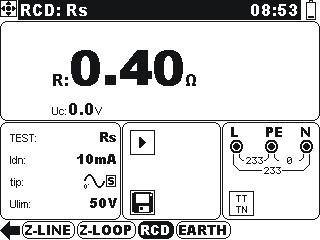 .. RCD type [blank eller S ](selektiv, test strømtype underfunksjon (Contact voltage, Tripout [,,, ] [AC, A, F, B, B+.] time, Trip-out current, Fault loop MUL... Gangefaktor til aktuelle teststrøm I.