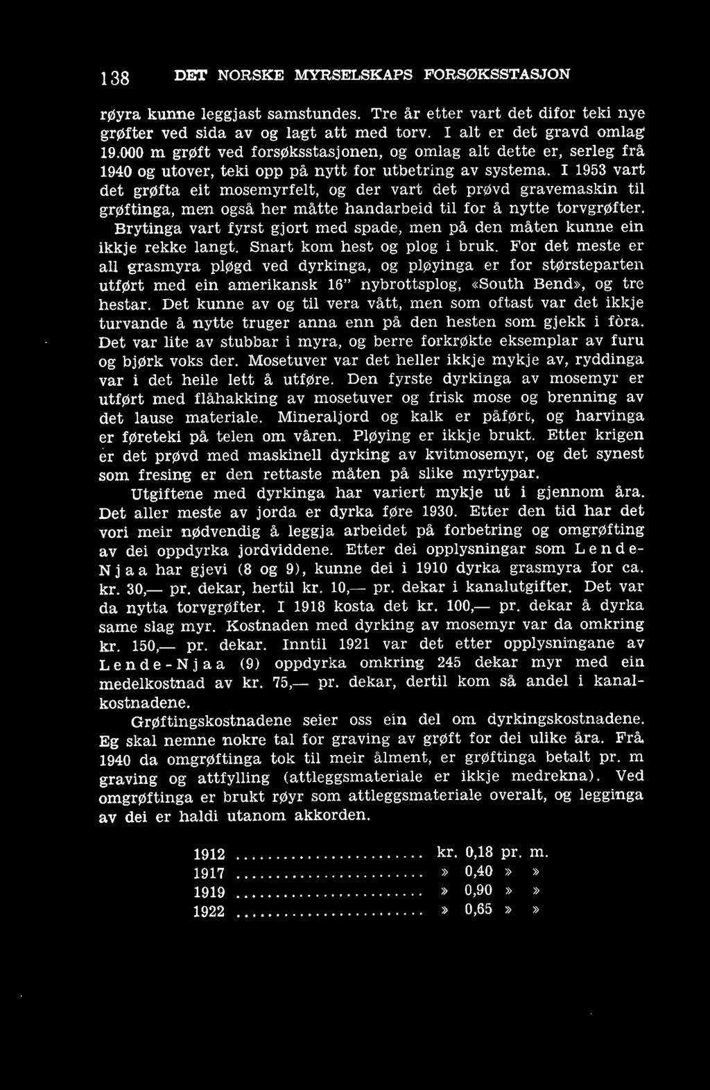 I 1953 vart det grøfta eit mosemyrfelt, og der vart det prøvd gravemaskin til grøftinga, men også her måtte handarbeid til for å nytte torvgrøfter.