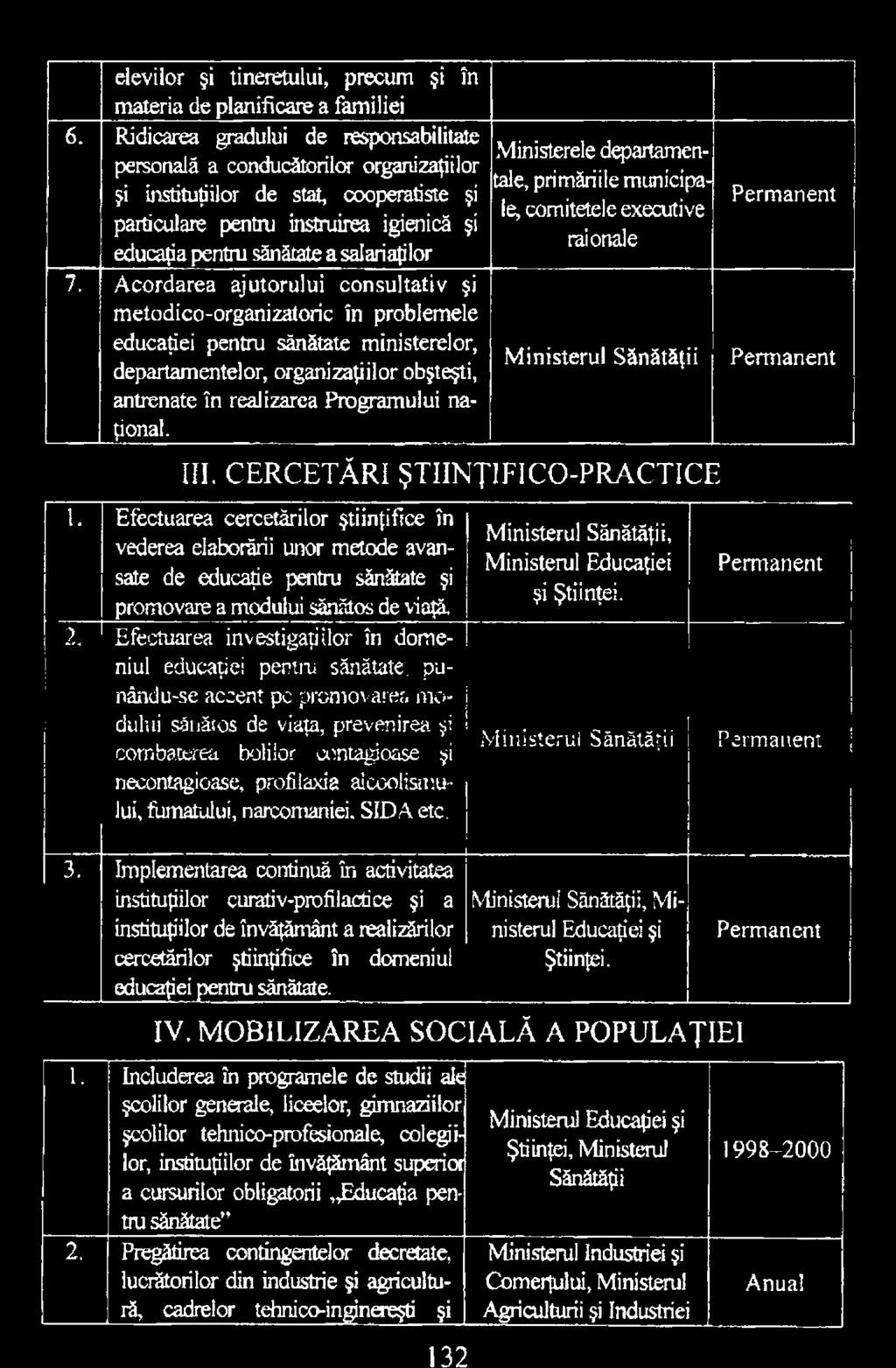 Ministerele departamentale, primăriile municipale, comitetele executive raionale M inisterul Sănătăţii III. CERCETĂRI ŞTIINŢIFICO-PRACTICE... 2. 1.