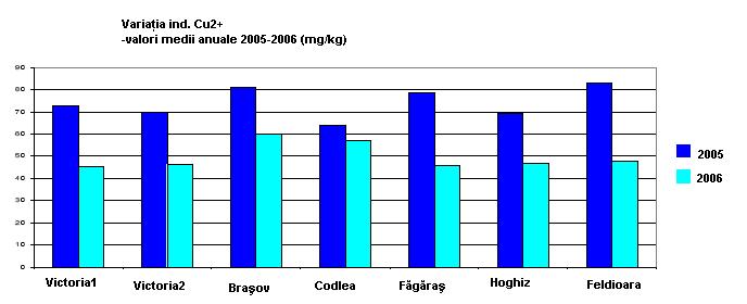Indicatorul Zn2+ Pentru acest indicator s-au obţinut valori medii anuale mai mici în anul 2006 faţă de anul 2005 în zonele Braşov şi Făgăraş.