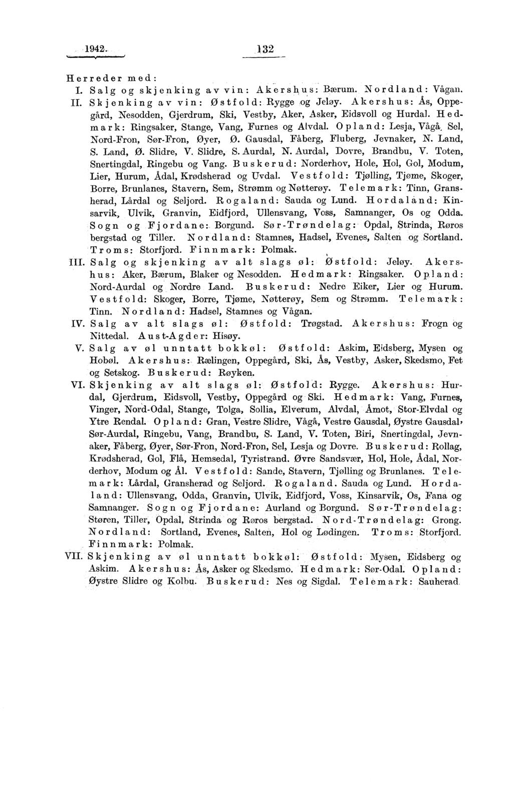 ..,94... 3 Herreder med: I. Salg og skjenking av vin: Akershus ; Bærum. Nordland: Wigan. IL Skjenking av vin: Østfold: Rygge og Jeløy.