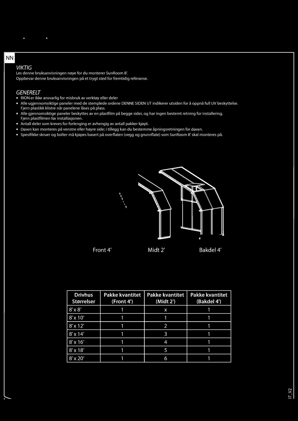 garden and gardening VIKTIG Les denne bruksanvisningen noye for du monterer SunRoom 8'. Oppbevar denne bruksanvisningen pè et trygt sted for fremtidig referanse.