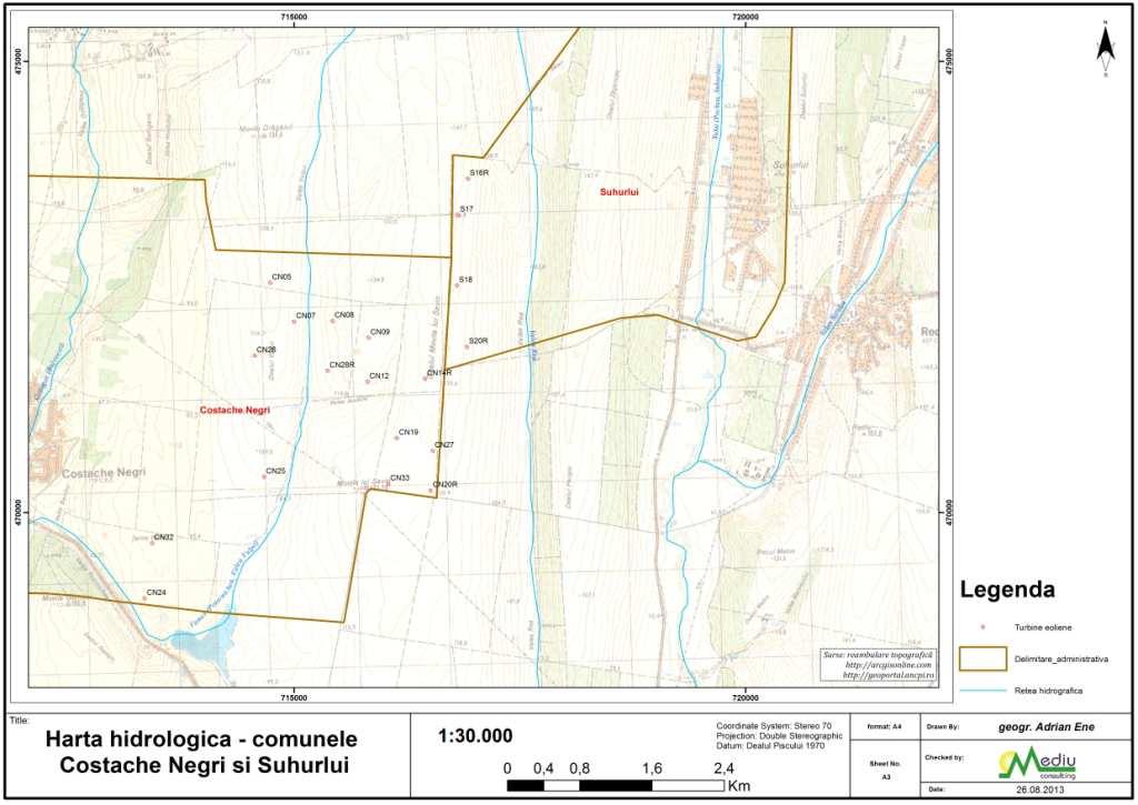 PUZ Centrală electrica eoliană Suhurlui 57 MW Figura nr. 5 - Harta hidrologică zonă Alimentarea cu apă Terenul alocat implementării PUZ nu este echipat cu reţea de apa potabilă. 3.1.