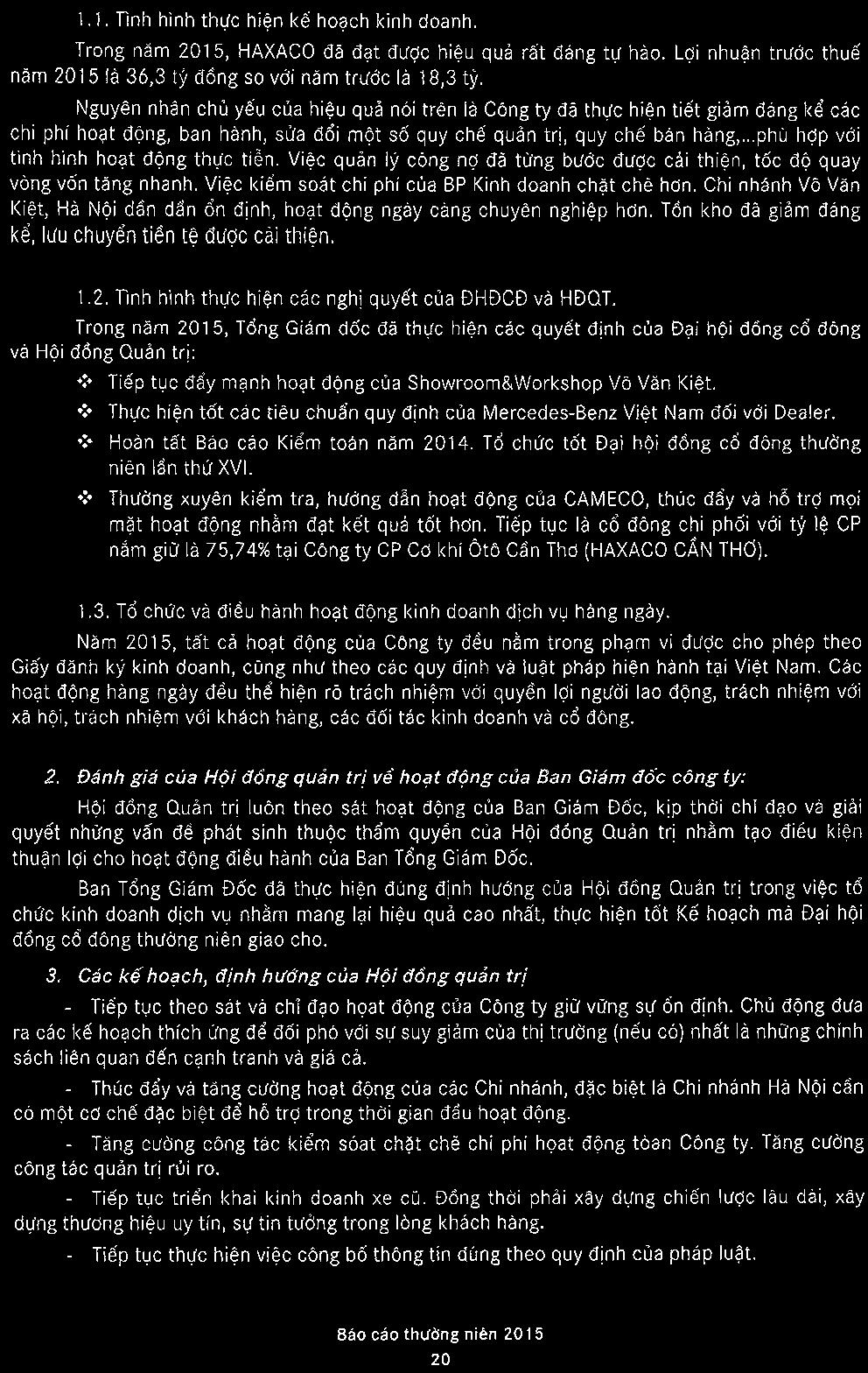 1.l. Tlnh hinh thdc hicn k6 hoach kinh doanh. Trong ndm 2015, HAXACo da dat dudc hi6u qua rat d6ng tu hao. Ldi nhuan trudc thud nam 2015 la 36,3 ti ddng so vdi namtrddcla 18,3ti.