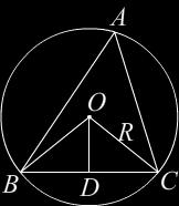 8 лево jе троугао ABC са страницама a = BC, b = CA и c = AB, са унутрашњим угловима A = α, B = β и C = γ. Троугао jе уписан у кружницу k са центром O и полупречником R.