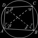 Тетива AD се из темена B и C види под углом δ = π (α + β + γ).