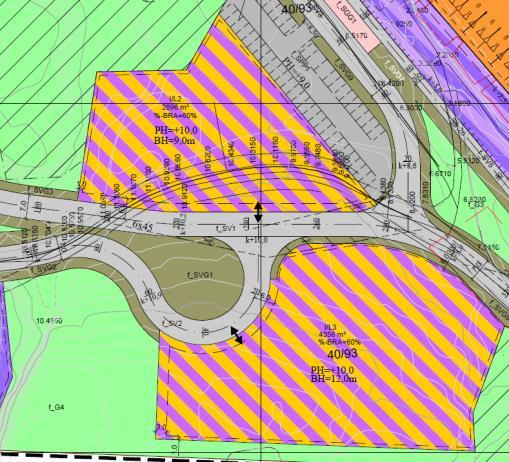 Tomteutnytting I/L1-3 1 og 3 m frå grønstruktur, samt 6 m frå senterlinje på veg.
