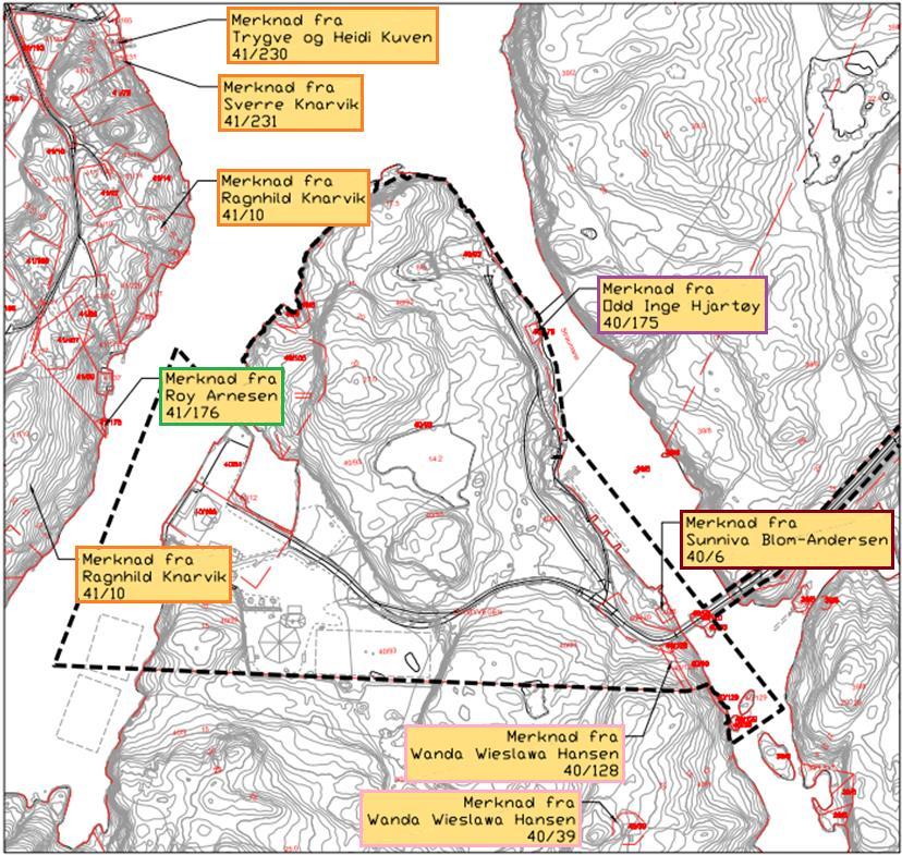 Side: 77 av 83 11. UTTALER OG MERKNADER 11.1. Uttaler og merknader ved oppstart av planarbeidet Oversikt over merknader frå naboar og interessemotsetnader. Figur 57.