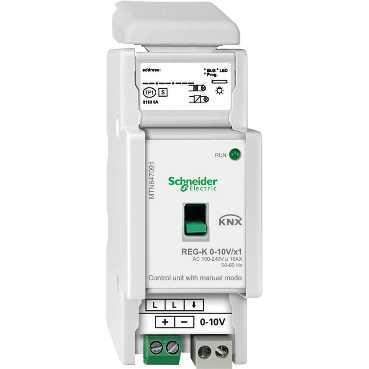 0-10V-eko kontrol unitatea DIN karril batean muntatzeko prestatuta dago. Zertarako integratzen da elementu hau knx sisteman? 0-10V-ko erregulazioaren bitartez 1.