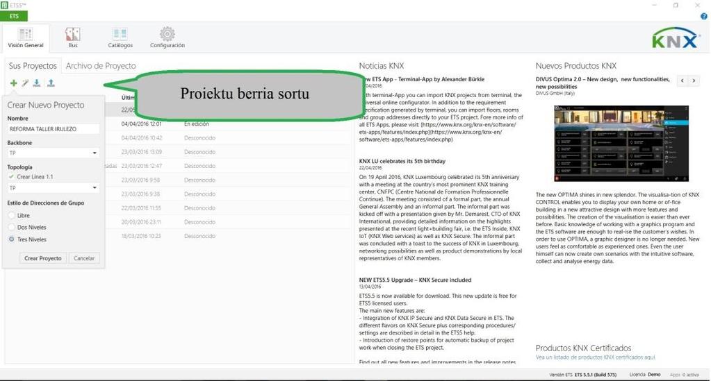 MEMORIA 51/155 Irudia35. KNX proiektu berria Eraikinaren egituraren diseinua: Proiektu baten oinarria KNX gailuak eta hauen arteko loturak osatzen dute.