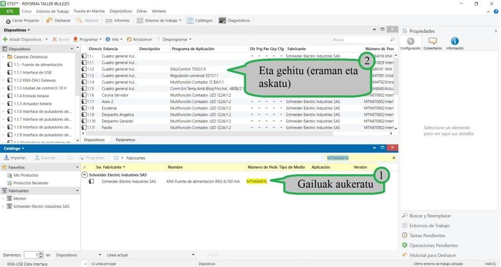 MEMORIA 52/155 Irudia36. Topologiaren egituraren diseinua Gailuak txertatu: KNX sistemako gailuak proiektura gehitu behar dira.