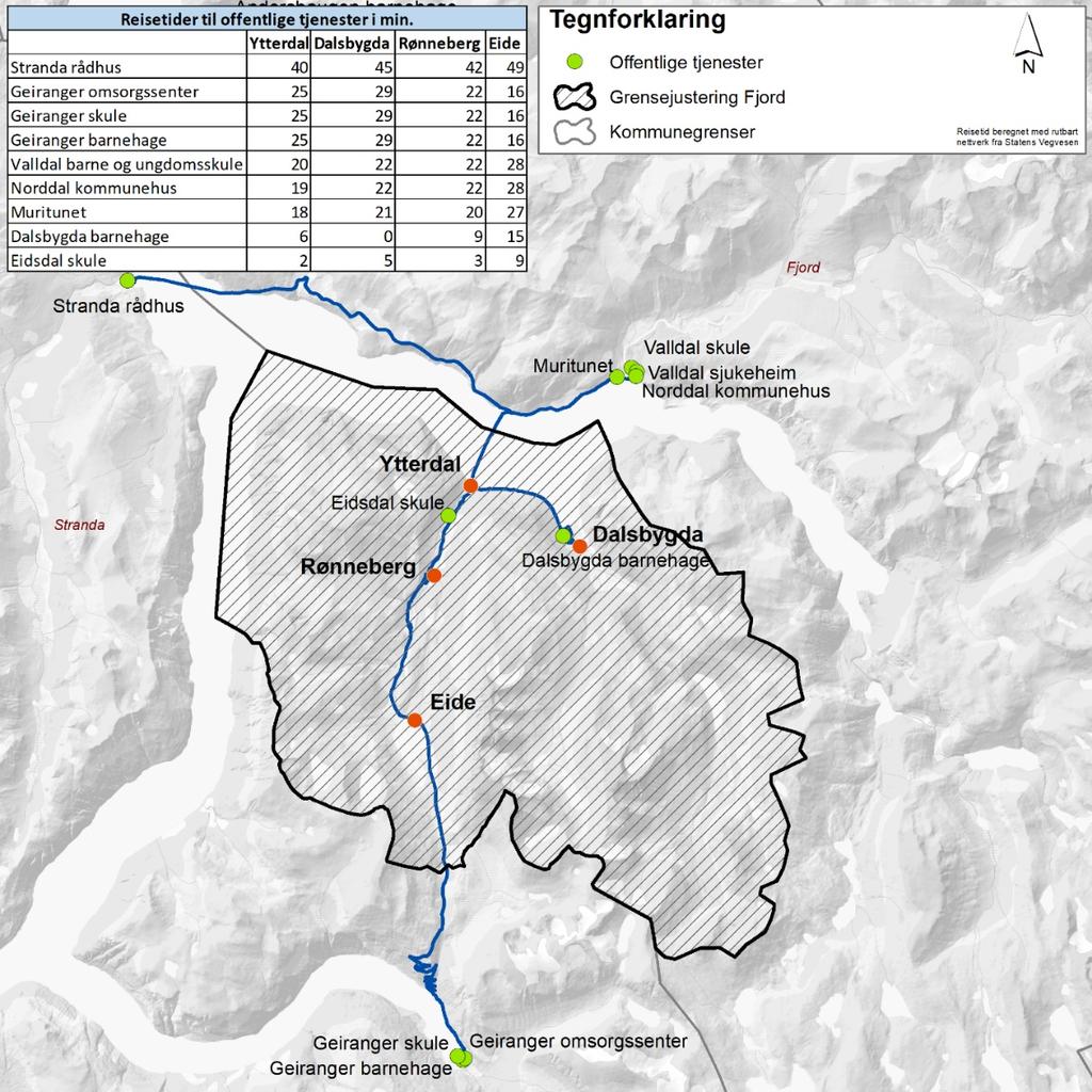 3.1.5 Kommunalt tenestetilbod 3.1.5.1 Reisetid/reiseavstand I figur 6 er det vist reisetid til kommunale tenester for bygdene Eidsdal og Norddal til Valldal, Geiranger og Stranda.