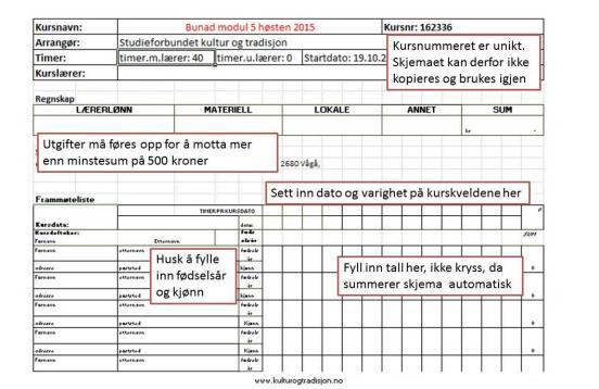 Rapportskjemaet er laga i Excel, og ved å fylle inn rutene med tal med timar på kurskvelden, ikkje kryss, vil skjemaet automatisk summere timar med frammøte for kvar enkelt deltakar.