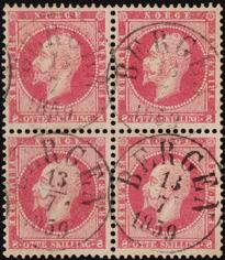 1) 13.7.1859. Feilfri 4-blokk hvor hvert merke er annullert med et rettvendt fullstempel. Praktkvalitet og fint utstillingsobjekt. F 5467 Br 7 (3). CHRISTIANSSAND 20.9.1867.