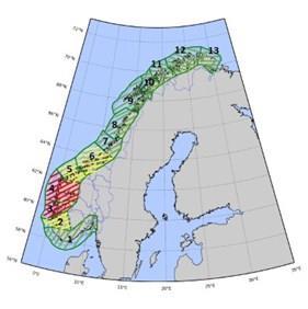 Lakselus Produksjonsveksten reguleres av risiko for dødelighet på villaks som skyldes lakselus fra oppdrett Produksjonsområde 3 og 4 rødt, 2, 5 og 6 gult, resten grønt Økt