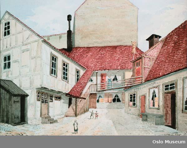Nedre Vollgate 13, gårdsrommet. Akvarell av Peter Andreas Blix 1898. Oslo Museum.