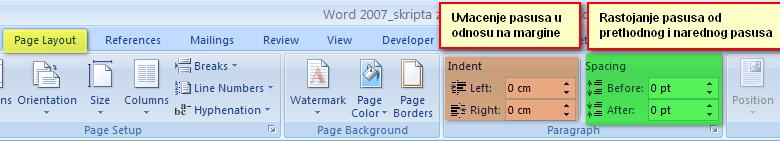 У Word-у 2007 је до дијалога Paragraph могуће доћи и помоћу Page Layout менија: Слика 34: Отварање