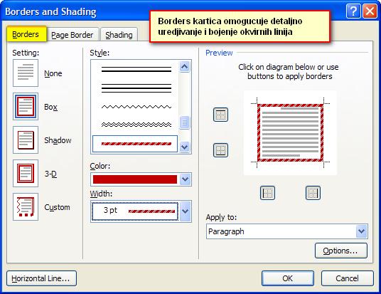 Слика 38: Дијалог Borders and Shading картица Borders Слика 38: Дијалог Borders and Shading картица Shading