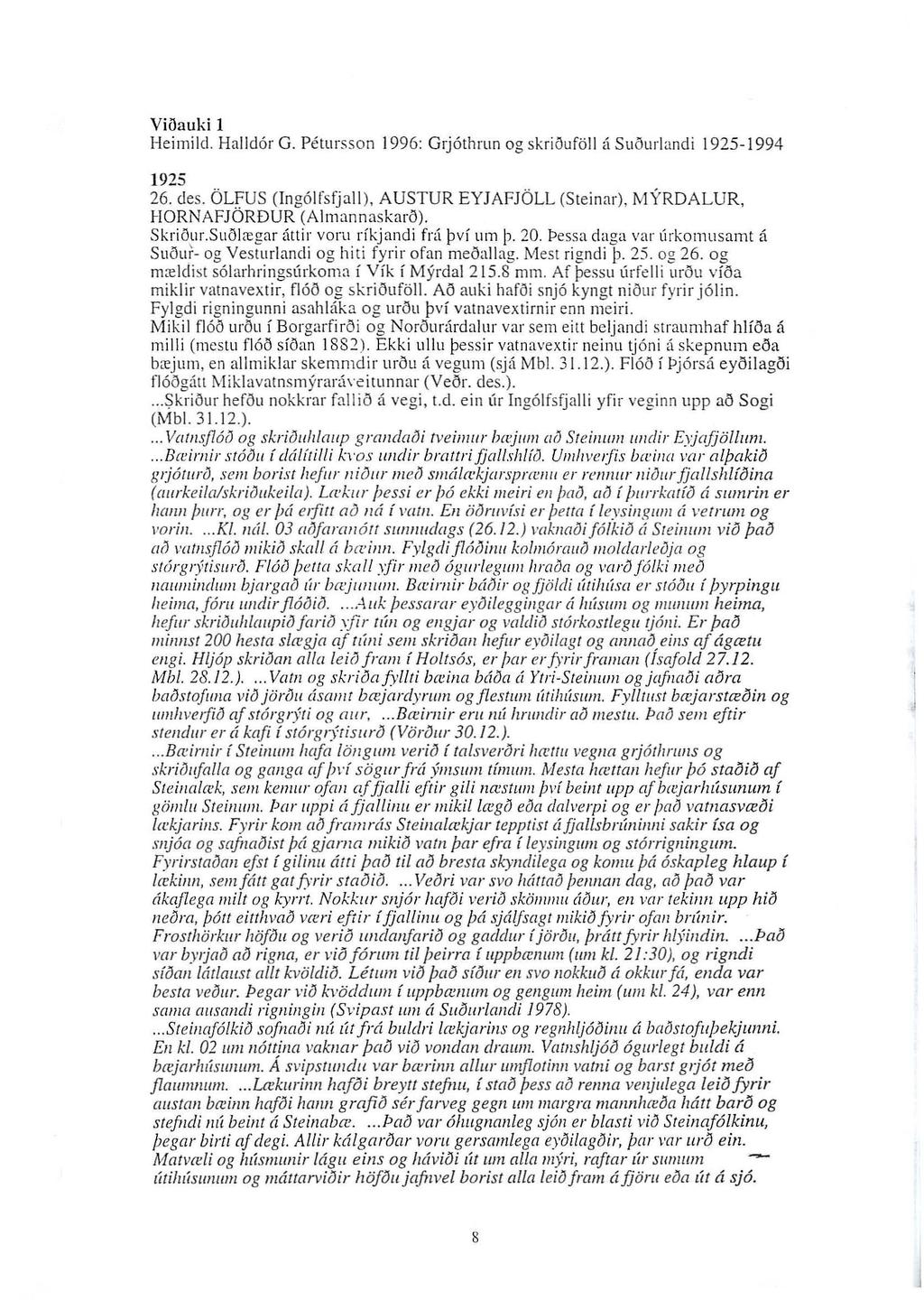 ViUauki l Heimild. Halld6r G. Petursson 1996: Grj6thrun og skrioufdll a Suourlandi 1925-1994 1925 26. des. OLFUS (lng6ifsfjall), AUSTUR EYJAFJOLL (Steinar), MYRDALUR, HORNAFJORDUR (Almannaskaro).
