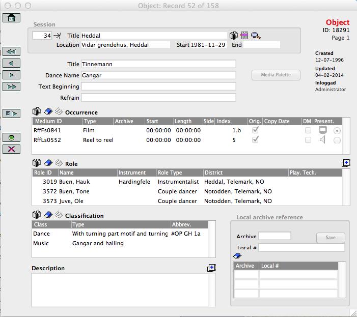 Skjermdump av objekttabell med informasjon om hvem som spiller og danser, dato, sted, melodinavn, melodi- og dansetype, opptaksformat og beskrivelse av motiver i dansen.
