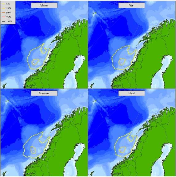 Figur 9.2 Influensområdene for olje på sjøoverflaten, gitt et oljeutslipp fra sjøbunnen, forårsaket av en utblåsning ved letebrønnen Jasper, 6406/6-5.