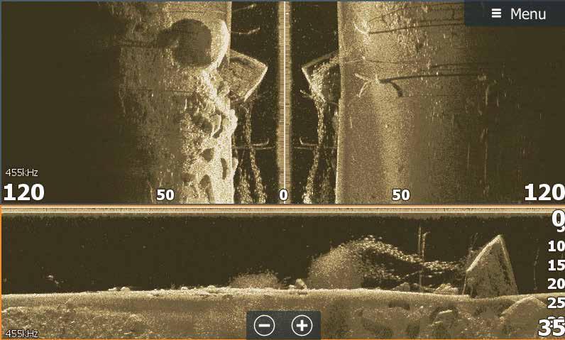 Fisk Struktur Colorline illustrerer målets hardhet jo lysere farge, jo hardere er målet StructureScan HD Har dagens beste ekkoloddteknologi med blant annet SideScan og DownScan Imaging, StructureMap