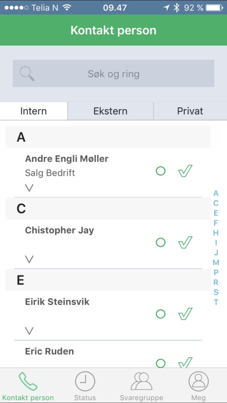 2. Kontakt person Inneholder: Intern, ekstern og privat katalog med kontakter. Søkefelt Søk og ring søker opp kontakter fra samtlige kataloger.