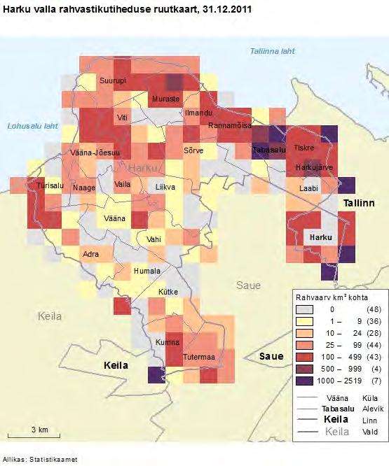 Joonis 2.4 Harku valla rahvastikutiheduse ruutkaart, 31.12.2011 Tabel 2.